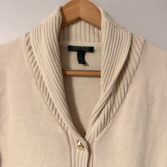 Lauren Ralph Lauren Women's Cardigan Ivory Ribbed Trim Patch Pockets Collared - Picture 2 of 9